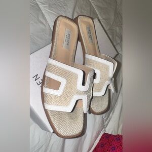 Seven7 Cream Woven Slide Mules with White Trim